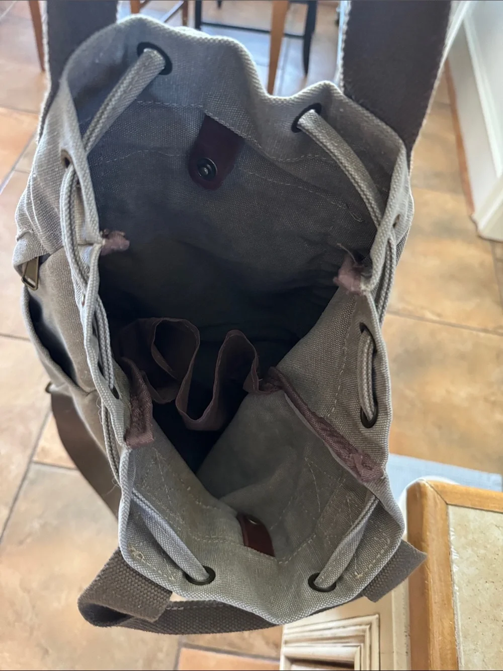 Canvas Drawstring Backpack in Tan with Brown Accents